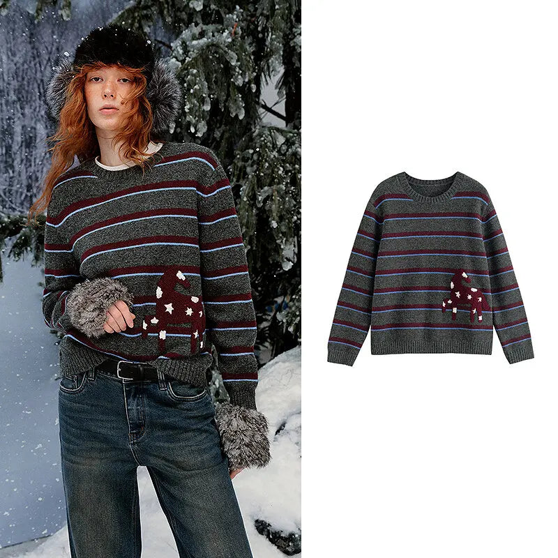 Vintage Damenpullover – Streifen & Stern- und Pferde-Stickerei, Rundhalsausschnitt