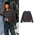 Vintage Damenpullover – Streifen & Stern- und Pferde-Stickerei, Rundhalsausschnitt