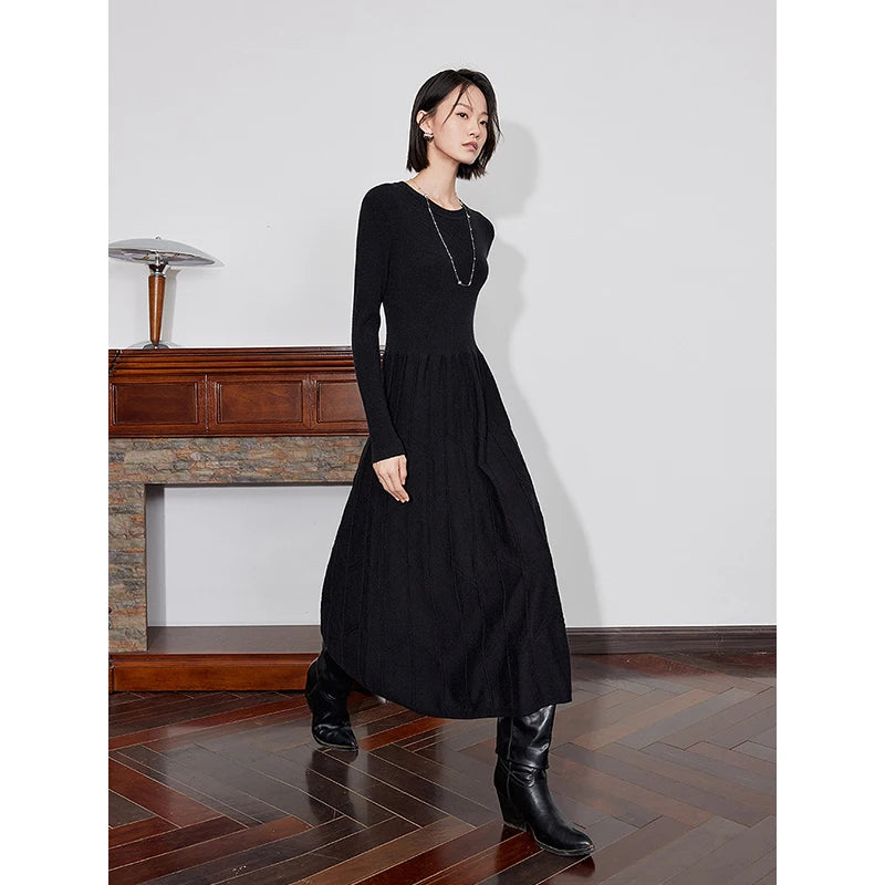 Robe femme mi-mollet hiver A-Line manches longues col rond