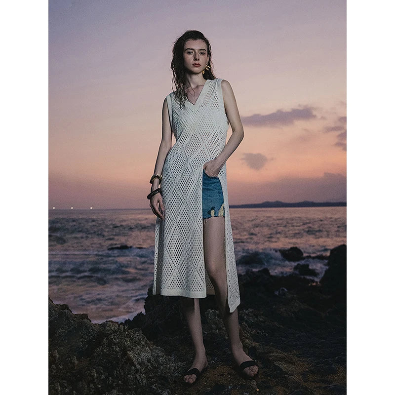 Damen Sommerkleid wadenlang A-Linie ärmellos V-Ausschnitt durchbrochen