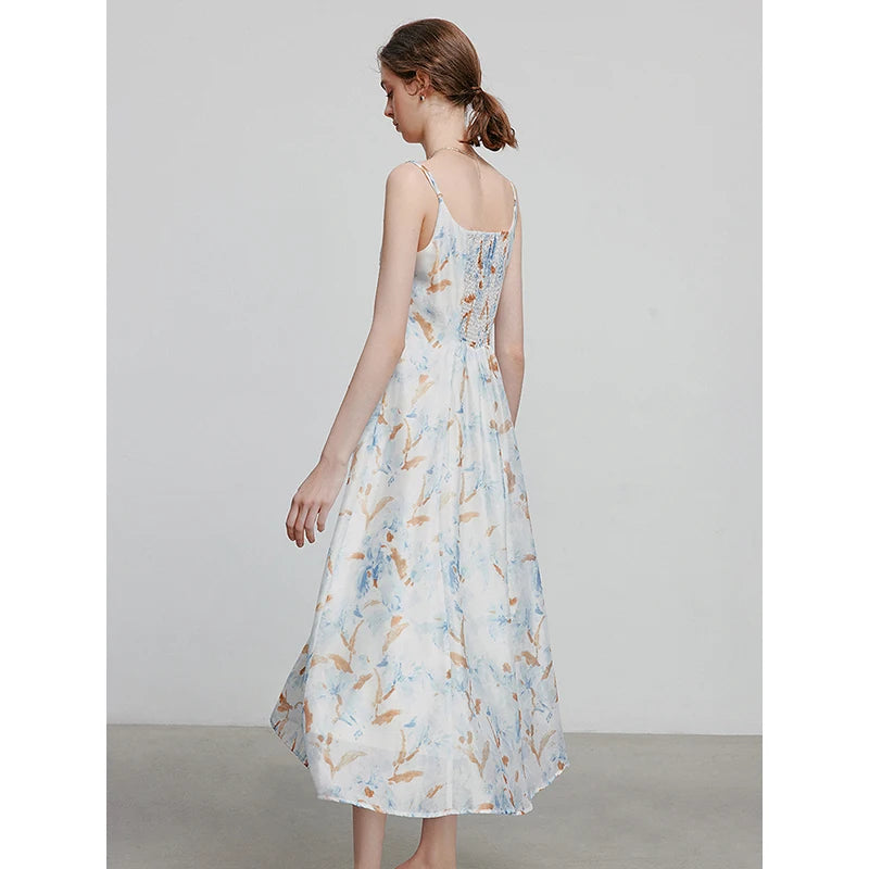 Women's Mid-Calf Summer A-Line Sleeveless Spaghetti Strap Printed Dress