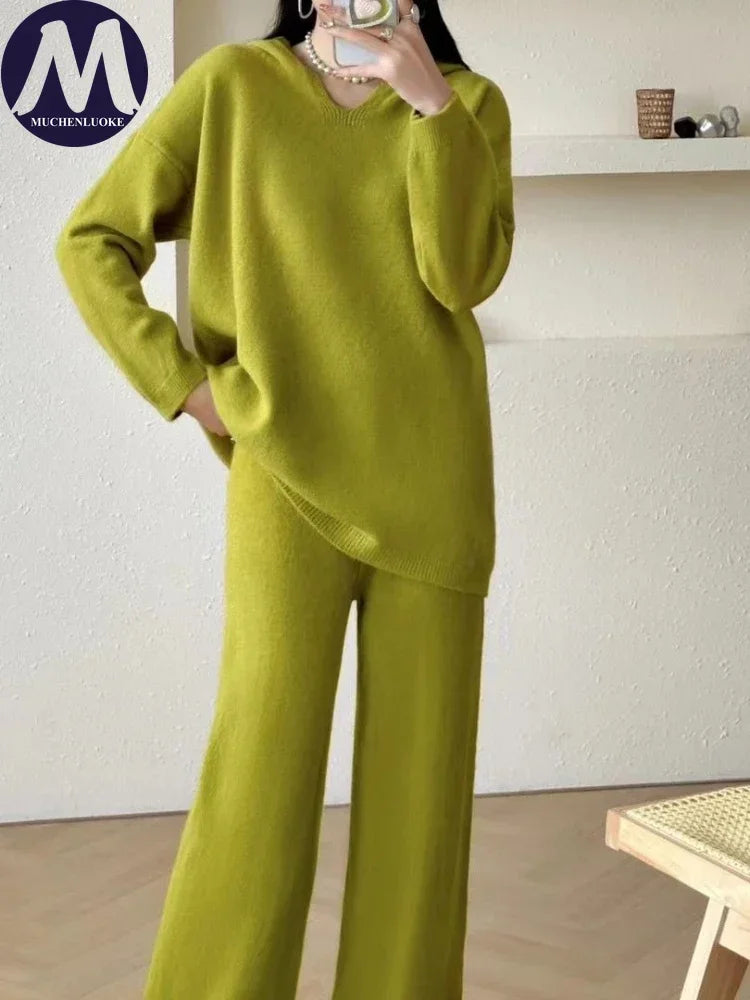 Women's 2-Piece Knit Set – Casual Sweater and Straight Leg Pants