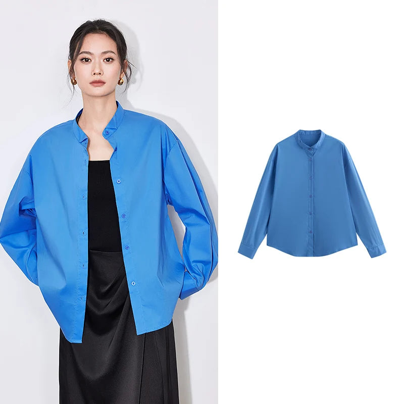 Chemise femme manches longues col montant uni casual