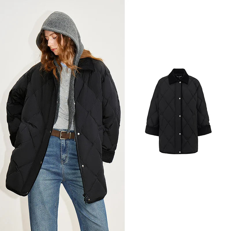 Doudoune Femme – Duvet de Canard Blanc, Design Patchwork Rétro, Coupe Loose Casual