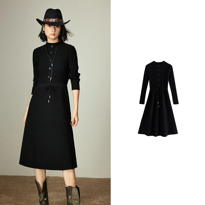 Robe Pull Femme – Maille Épaisse, Coupe Slim et Affinante, Noir Élégant