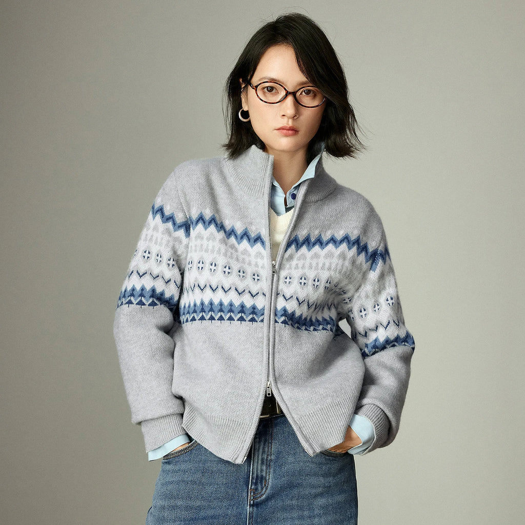 Damenpullover – Rollkragenpullover mit Reißverschluss, nordischer Vintage-Stil, dickes Fair-Isle-Jacquardmuster
