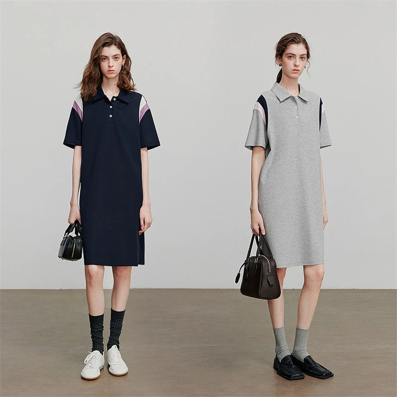 Damenkleid knielang Sommer Preppy-Stil Patchwork Kurzarm
