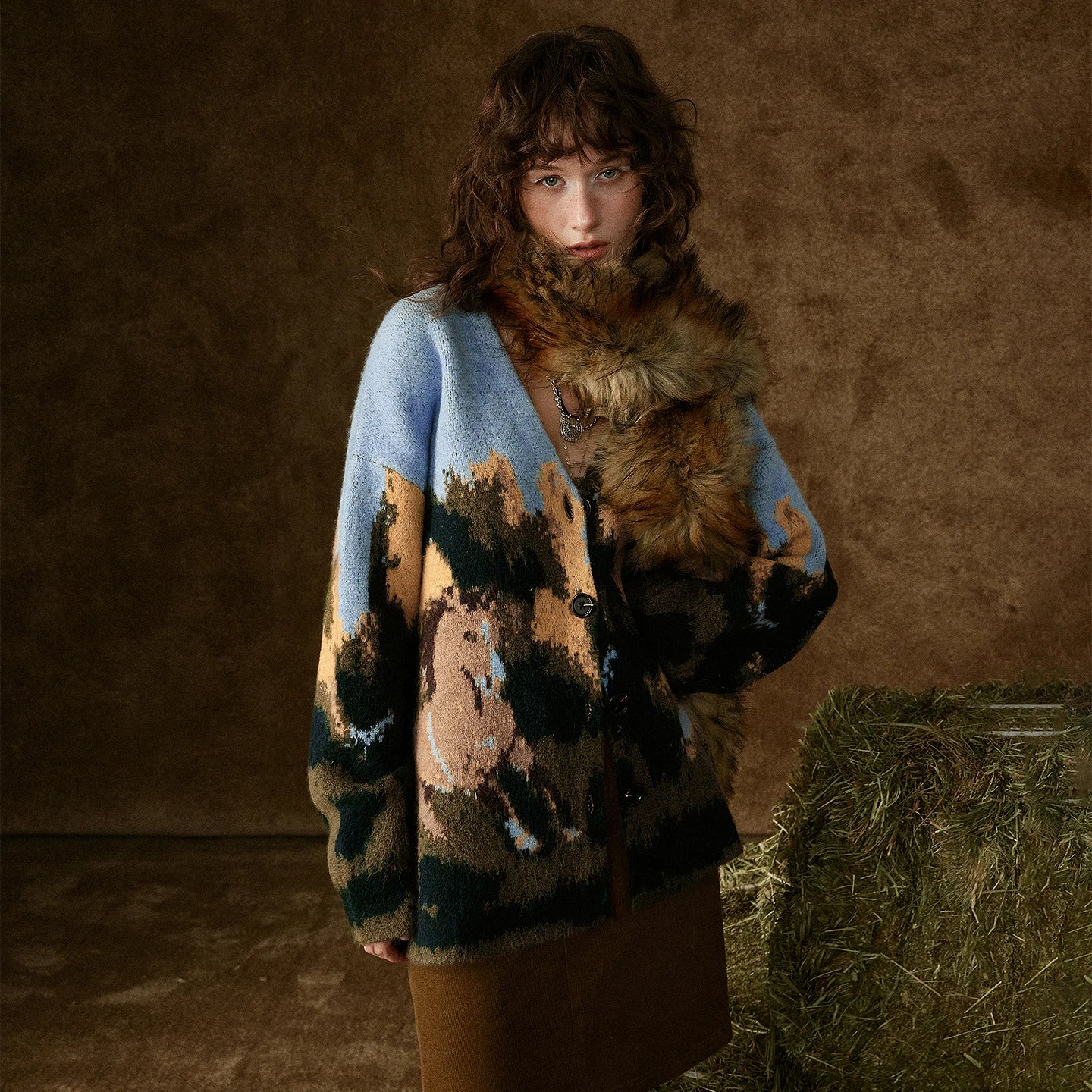 Cardigan Tricoté Femme – Motif Cheval Sauvage Peinture Huile, Col V