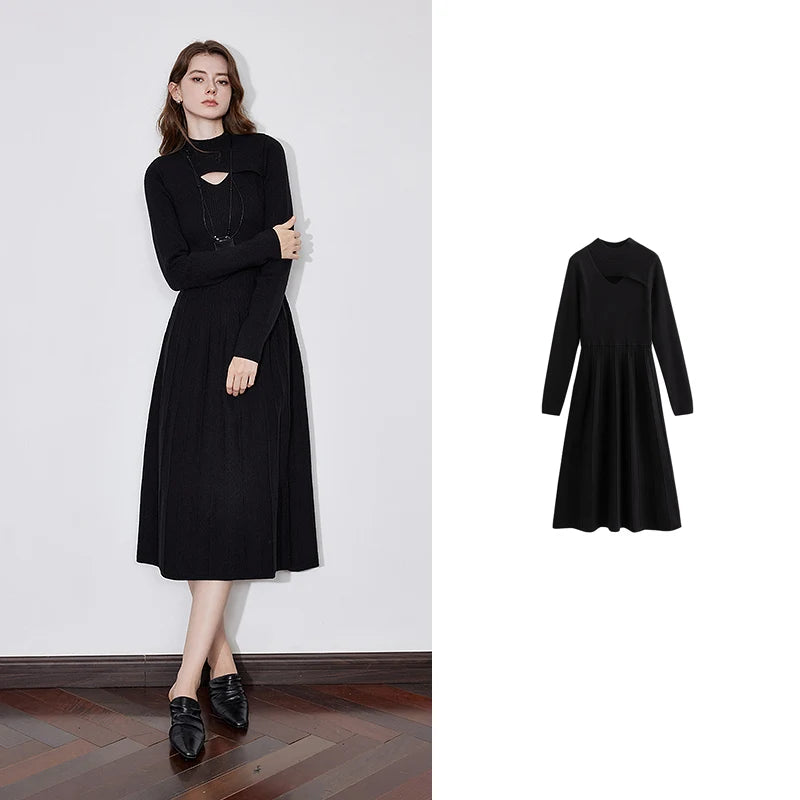 Women's mid-length knit dress with openwork turtleneck, suitable for autumn/winter