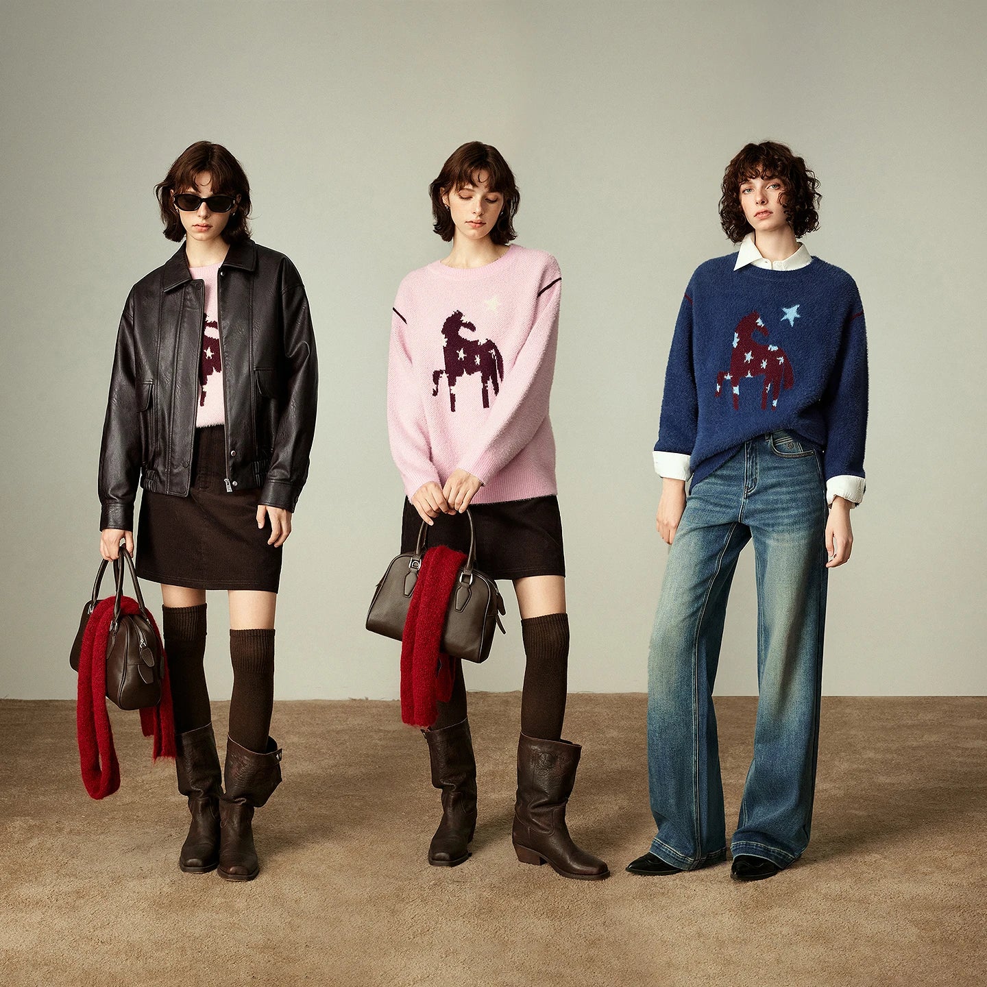 Pull Femme – Effet Cachemire, Motif Étoile & Cheval, Col Rond