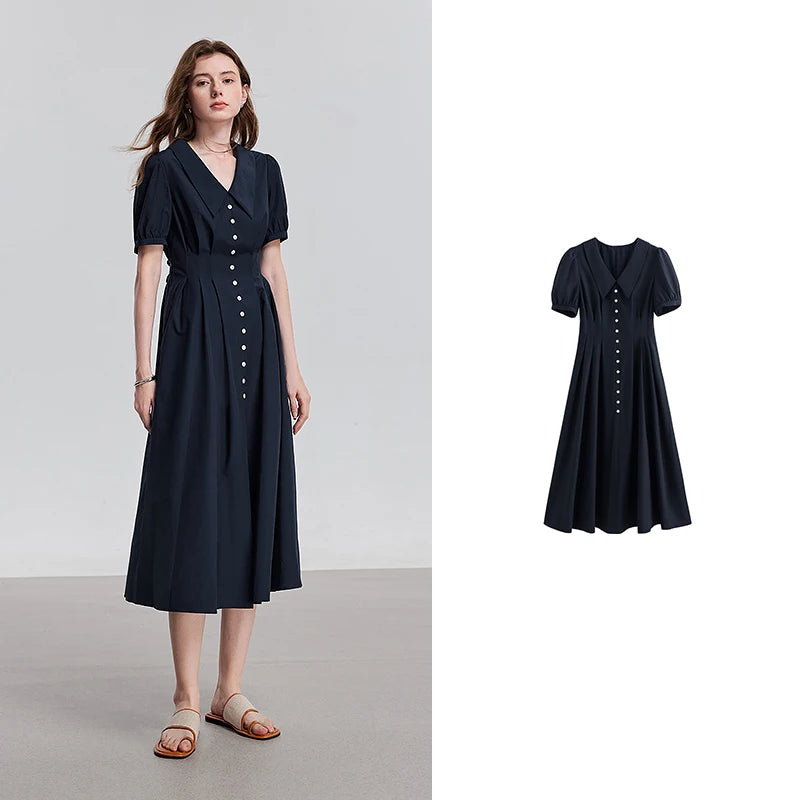Women's mid-calf summer A-line dress with puff sleeves and Peter Pan collar
