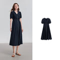 Women's mid-calf summer A-line dress with puff sleeves and Peter Pan collar