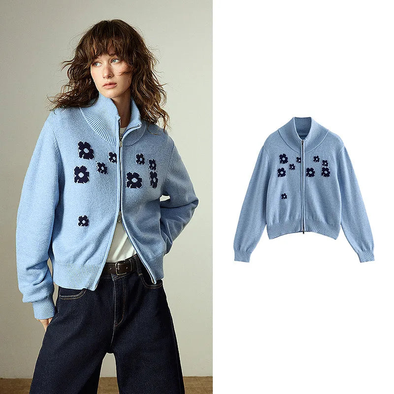 Women's Sweater – High Neck with Zip, Green Aster Pattern