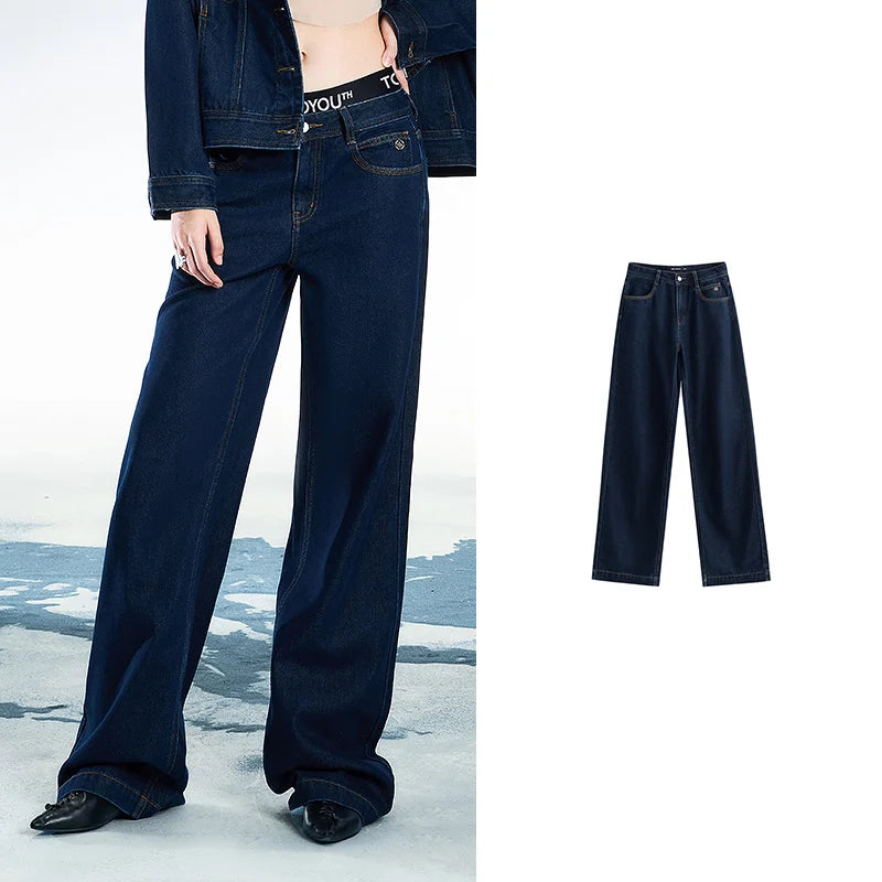 Jean femme taille mi-basse coupe droite large slim fit