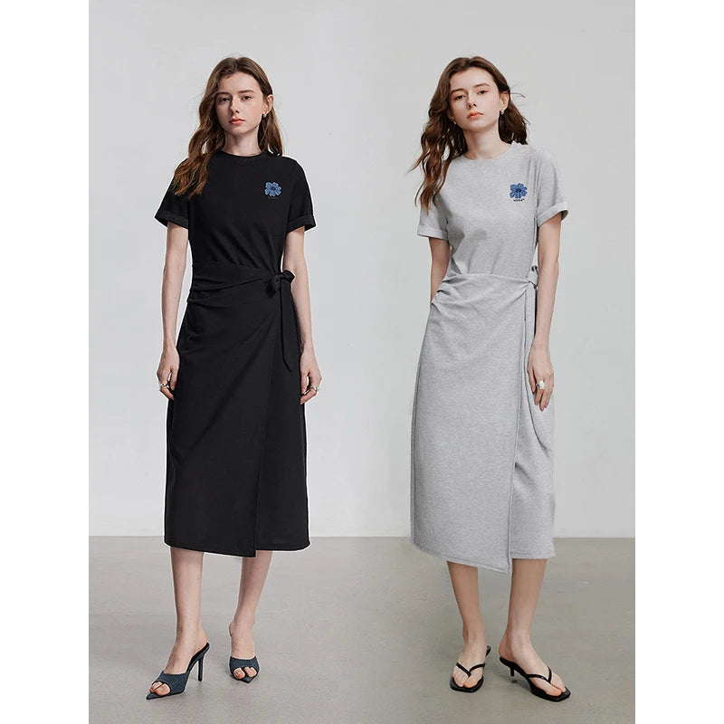 Robe femme mi-mollet été droite brodée à motif floral