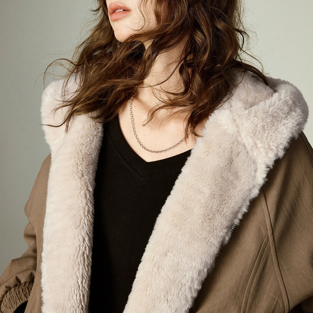 Veste Femme – Style Barn, Manteau en Coton Doublé, Capuche en Plush, Patchwork