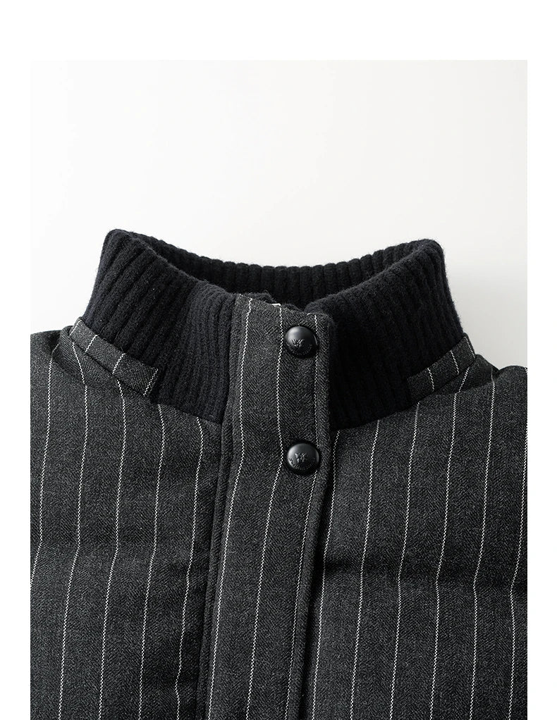 Women's Puffer Jacket - Feathers, Knitted High Collar, Stripes