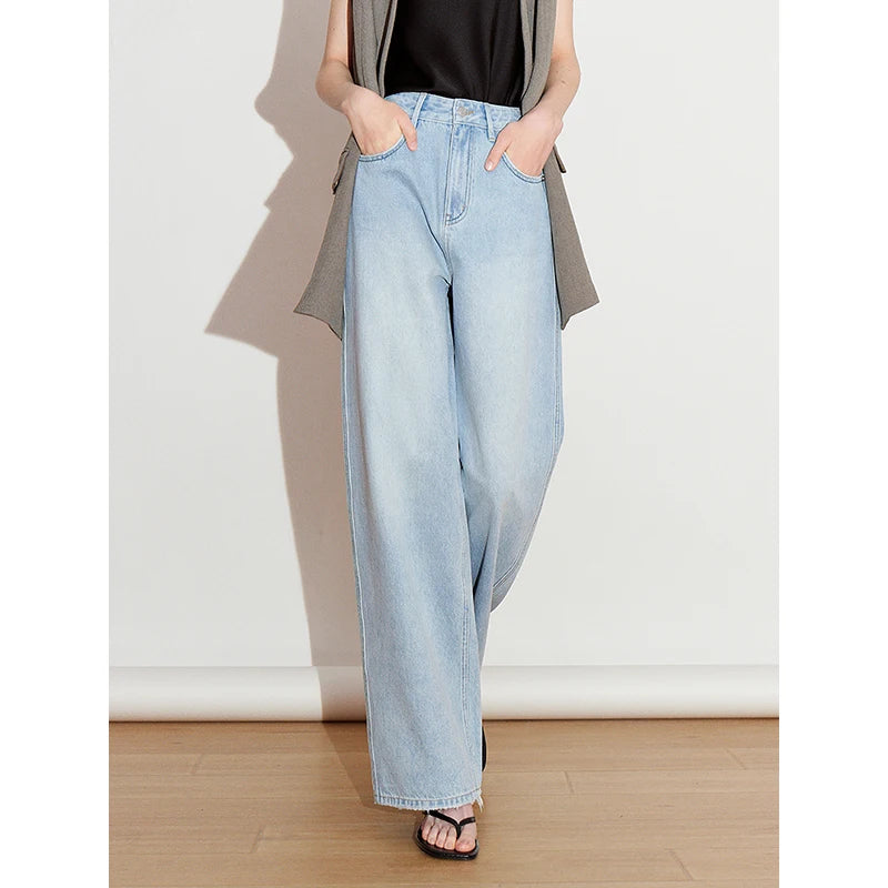 Jean femme taille mi‑haute délavé coupe droite large style rétro