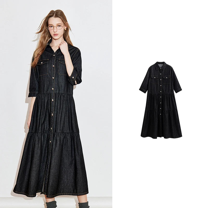 Women's mid-calf summer A-line dress with puff sleeves, V-neck, and pockets