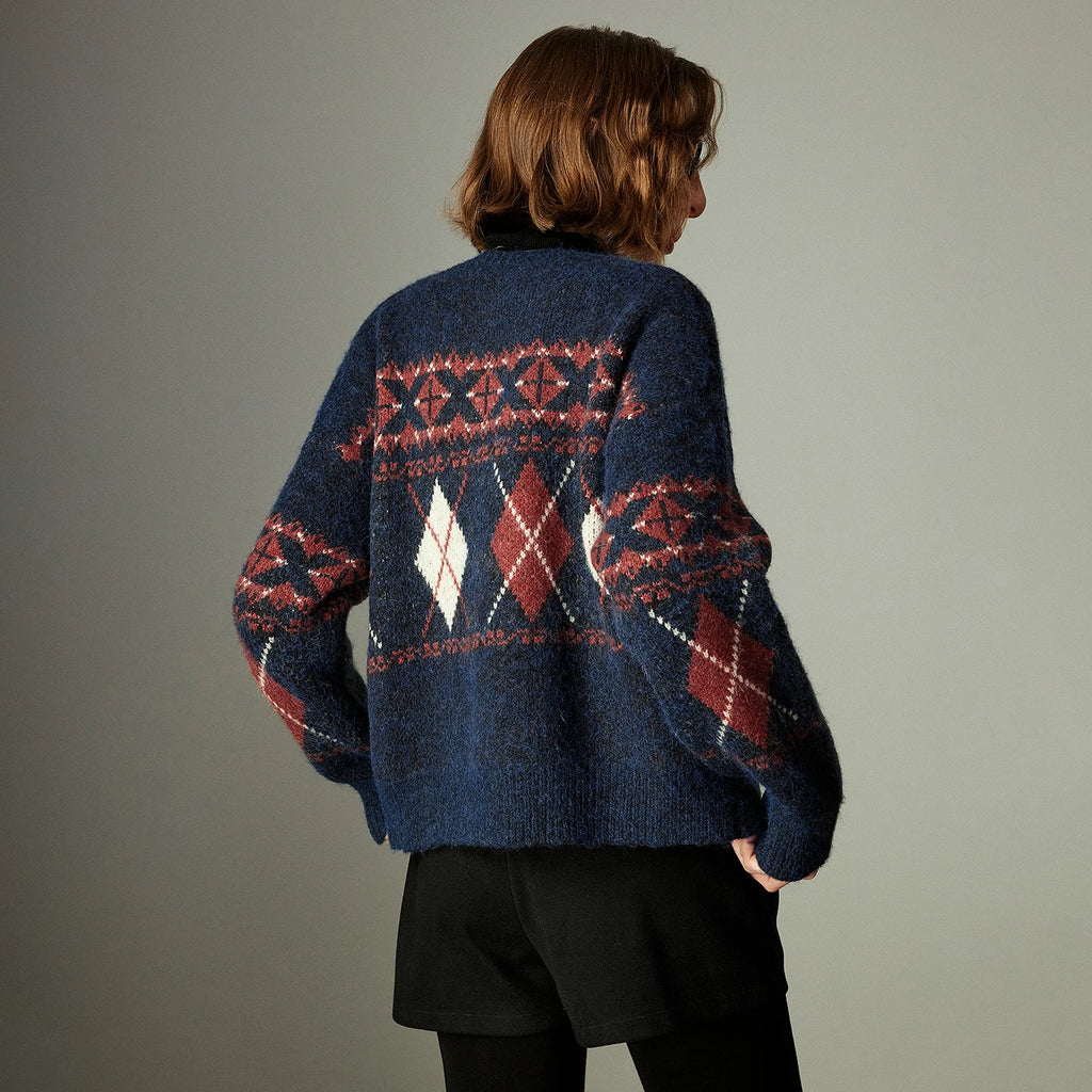 Damenpullover – Vintage-Nordischer Stil, Argyle-Jacquard-Muster, Seepferdchen-Kunstpelz, Rundhalsausschnitt