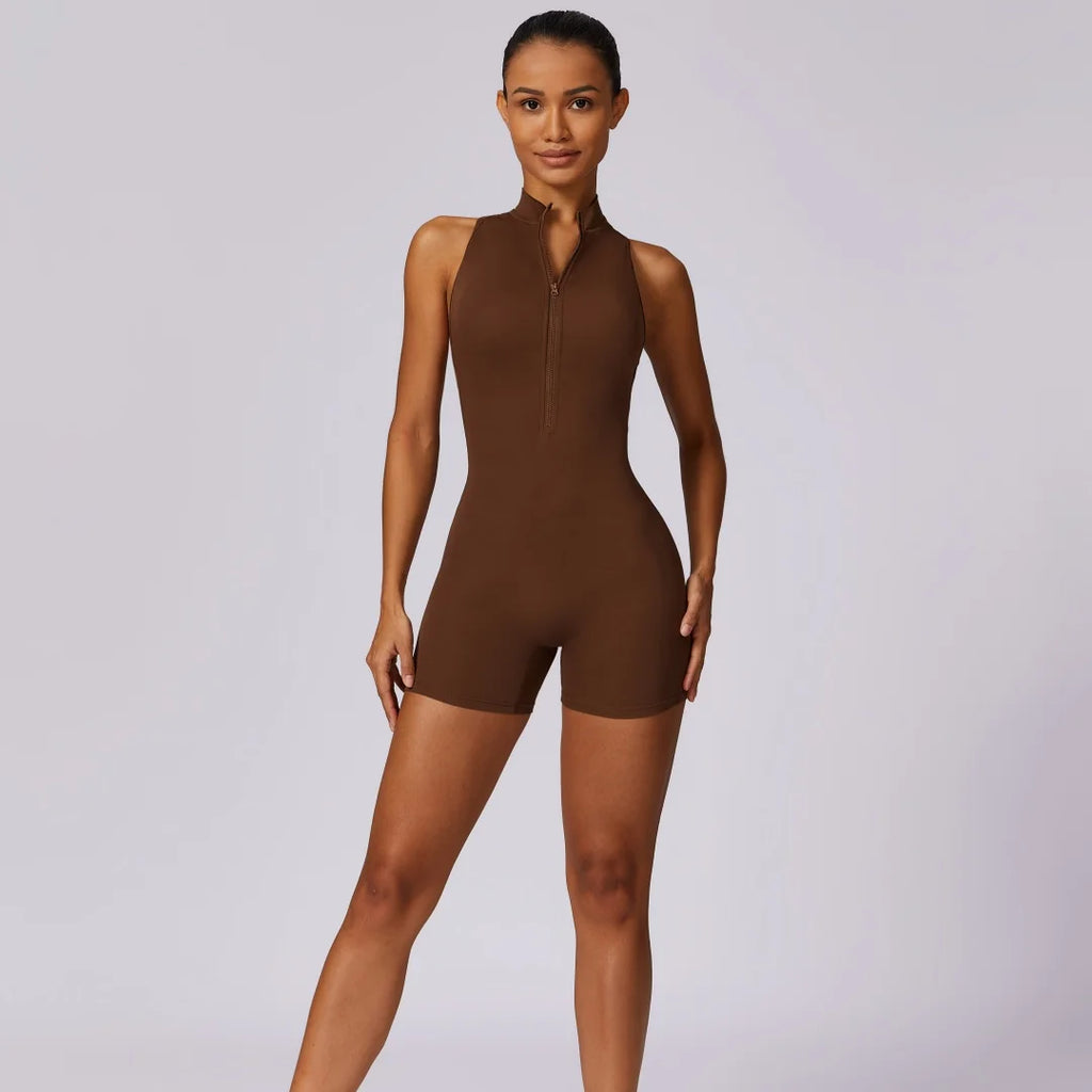 Combinaison de yoga courte sans dos avec zip et effet scrunch