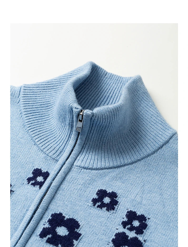 Pull Femme  – Col Montant Zippé, Motif Aster Vert