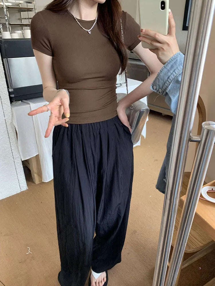 Crop Top Manches Courtes Unie Femme