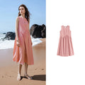 Damen-Midikleid, wadenlang, Sommer, Strandstil, A-Linie, ärmellos, Spaghettiträger