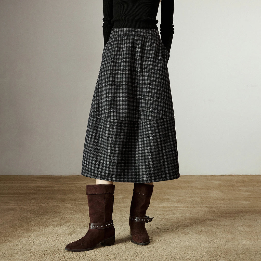 Jupe Midi Femme – Taille Élastique, Motif Plaid et Fleurs Oversize, Fente Latérale