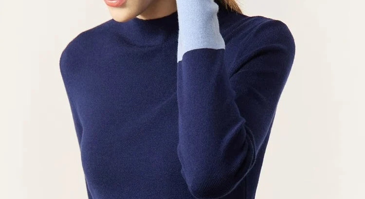 Damenpullover Stehkragen Warm Winter Gestrickt Farbblock Slim Fit Vielseitig Vintage Casual Langarm