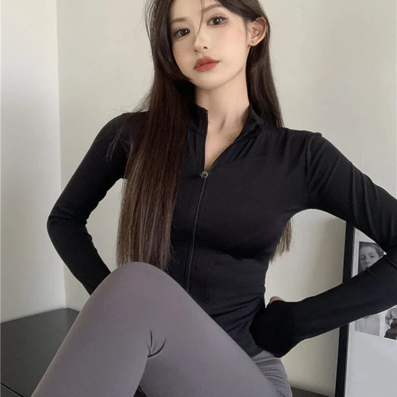 2025 New Slim Fit Long Sleeve T Shirt Women Wild Zipper Up Waist Slimming Yoga Tshirt Woman Tight Stand Collar Crop Tops Female