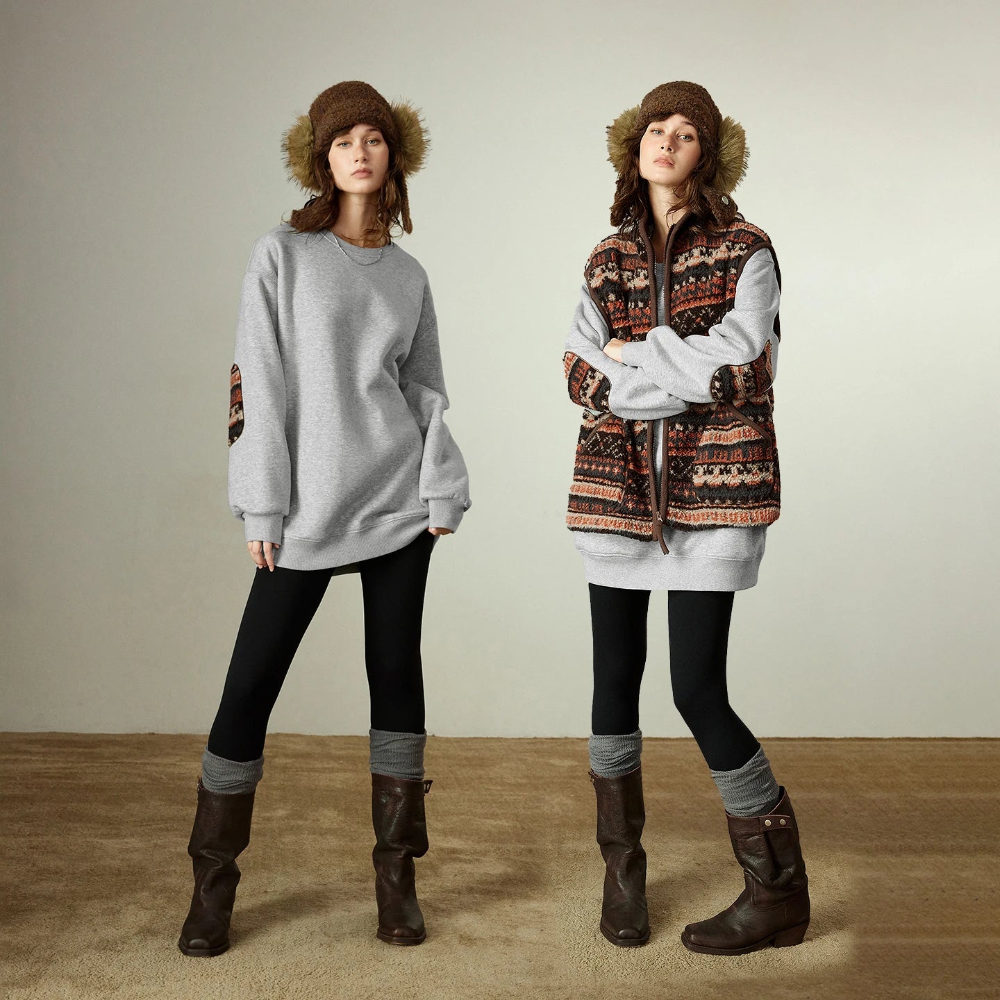 Sweat Femme – Col Rond, Coupe Loose, Doublure Fleece, Motif Fair Isle Appliqué