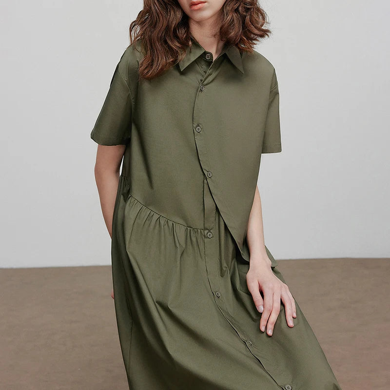 Robe femme mi‑mollet été A-Line manches courtes col chemise