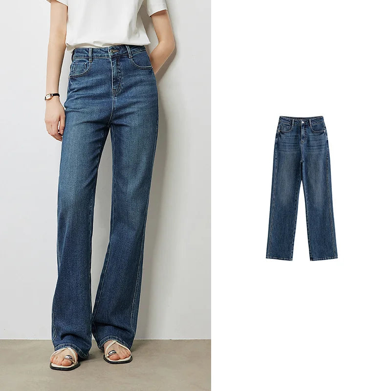 Jean femme taille haute coupe poire délavé longueur longue