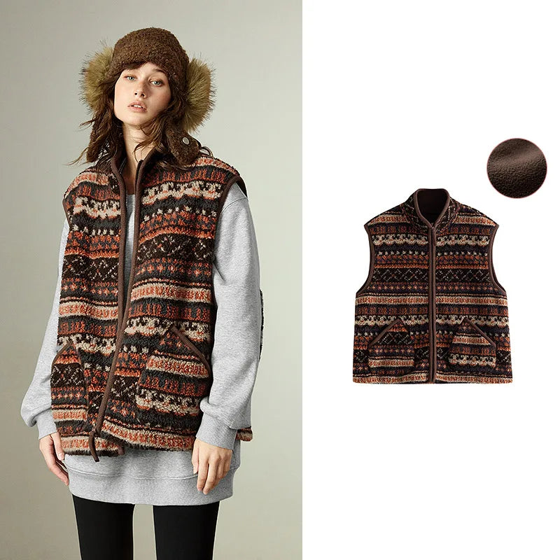 Gilet Femme – Style Nordique, Col Montant, Doublure Fleece Shearling, Coupe Loose