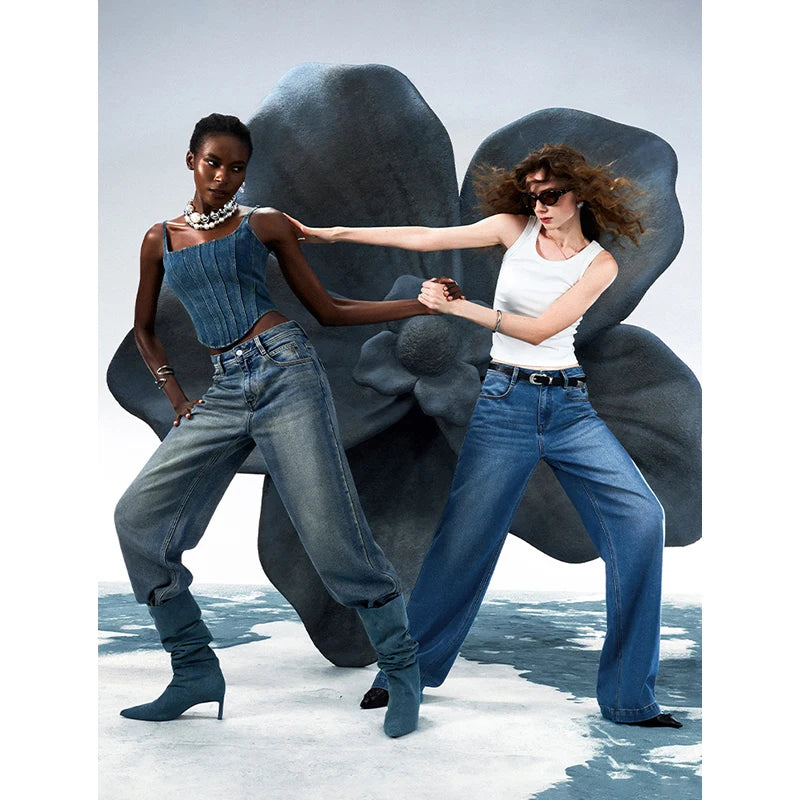 Jean femme taille mi-basse coupe droite large slim fit