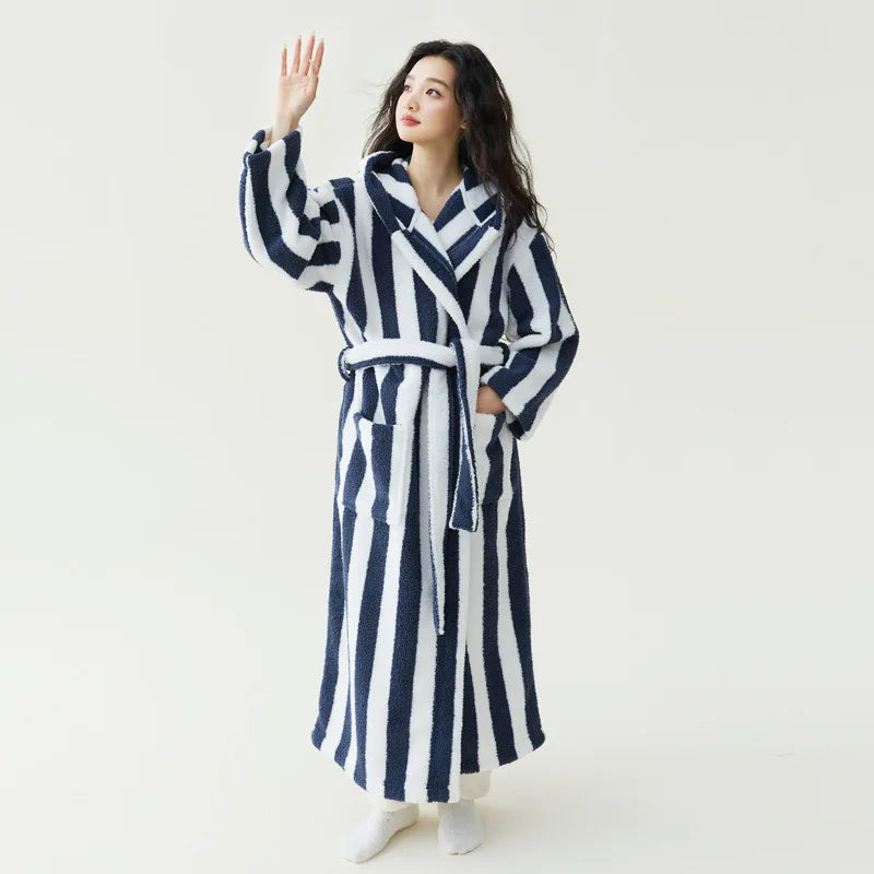 Peignoir Velours Rayé Couple Manches Longues