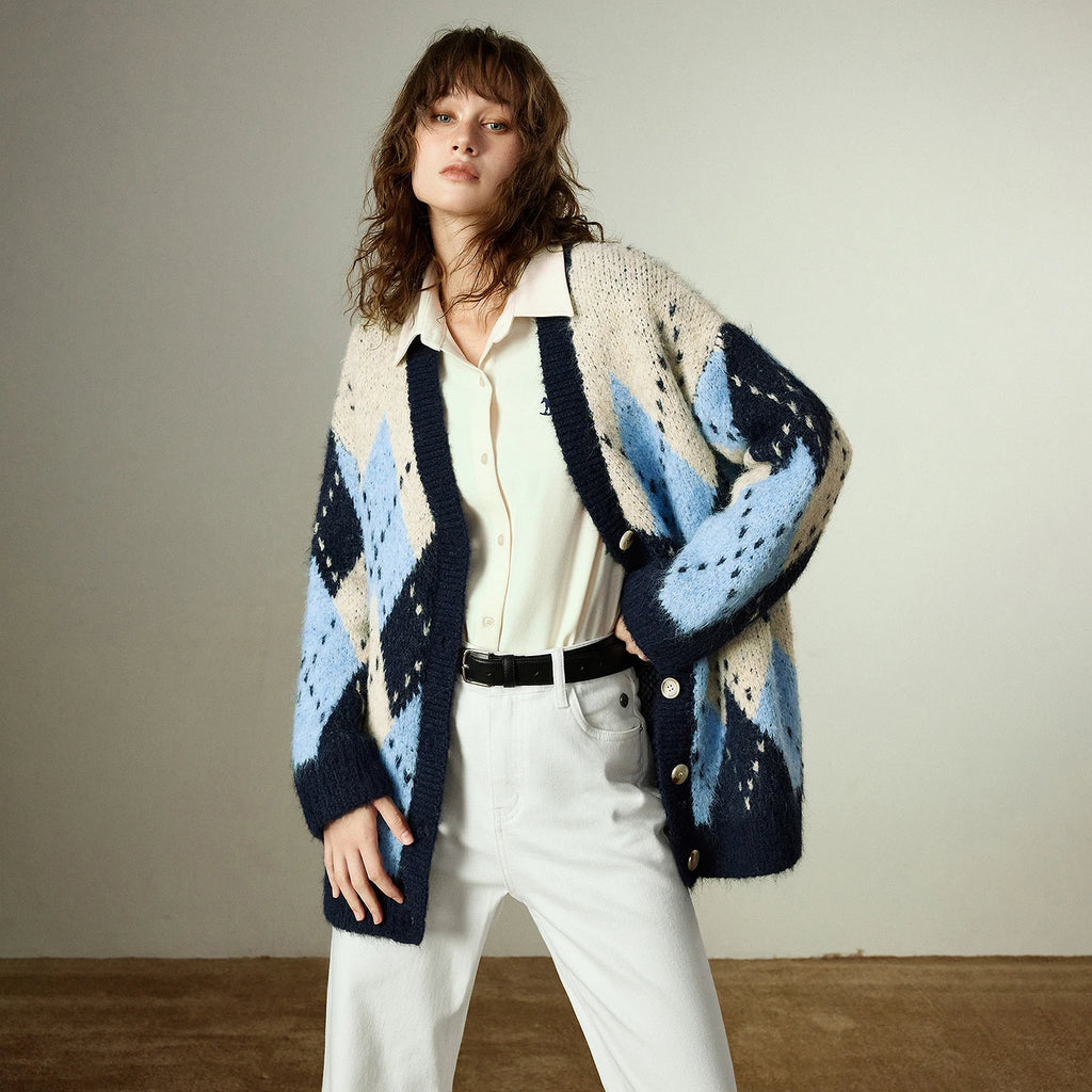 Women's Sweater-Coat – Nordic Style, Argyle Pattern, V-Neck