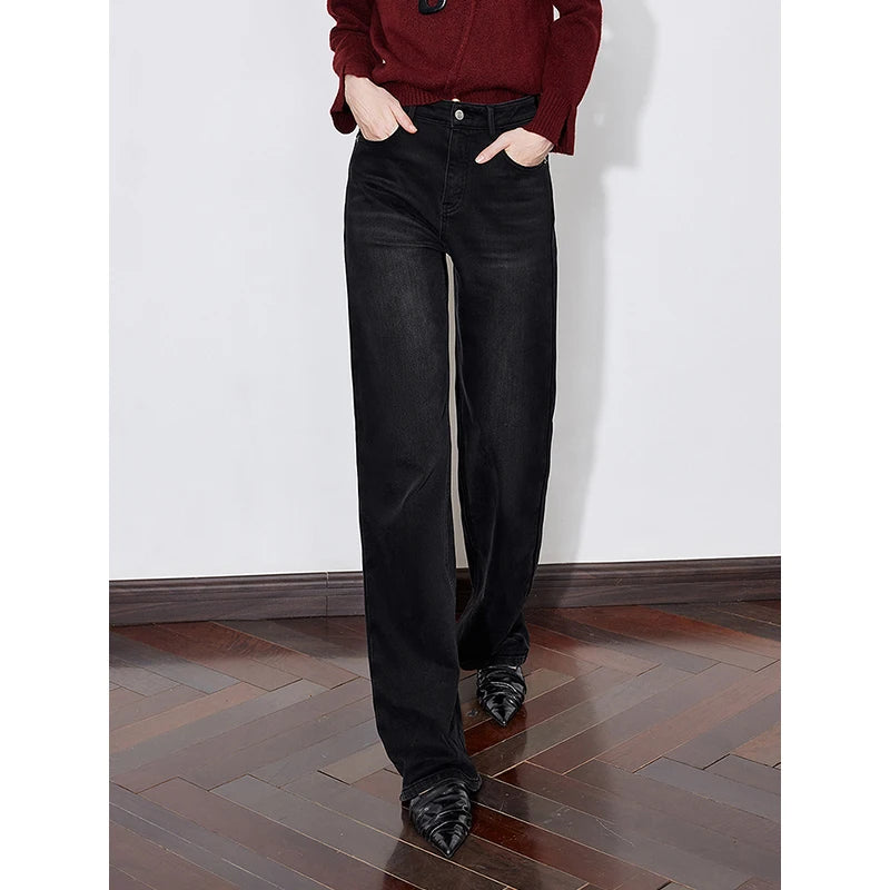 Jean femme doublé chaud taille mi-haute coupe droite large