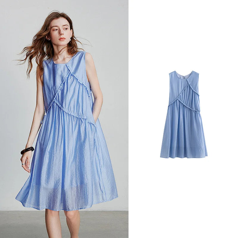 Robe femme mi-mollet été A-Line sans manches col rond à laçage