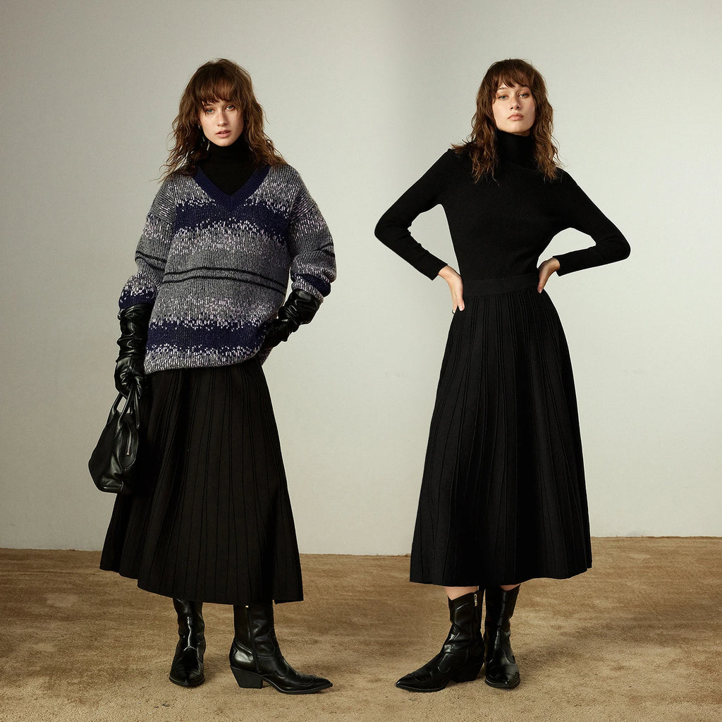 Jupe Midi Noire Femme – Taille Élastique au Dos, Maille Côtelée 3D, Coupe