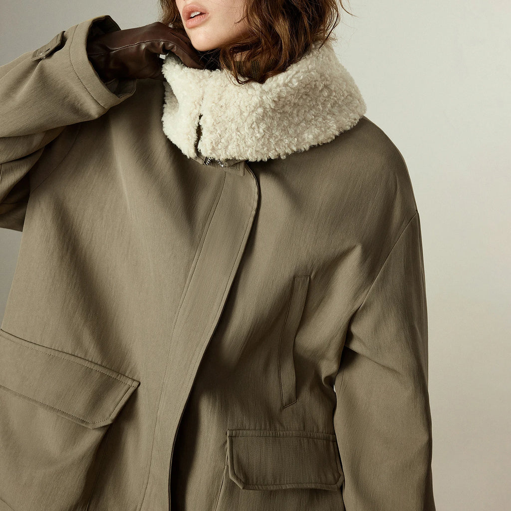 Women's Quilted Coat – Navy Blue Plush Collar, Retro Style