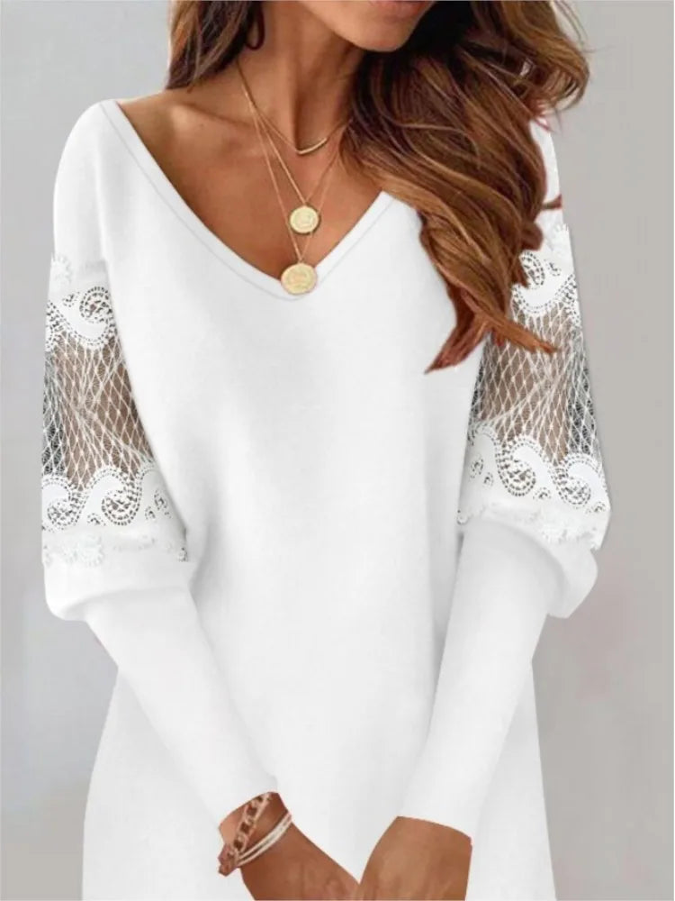 Robe Col V Sexy, Manche en Dentelle, Style Décontracté et Élégant