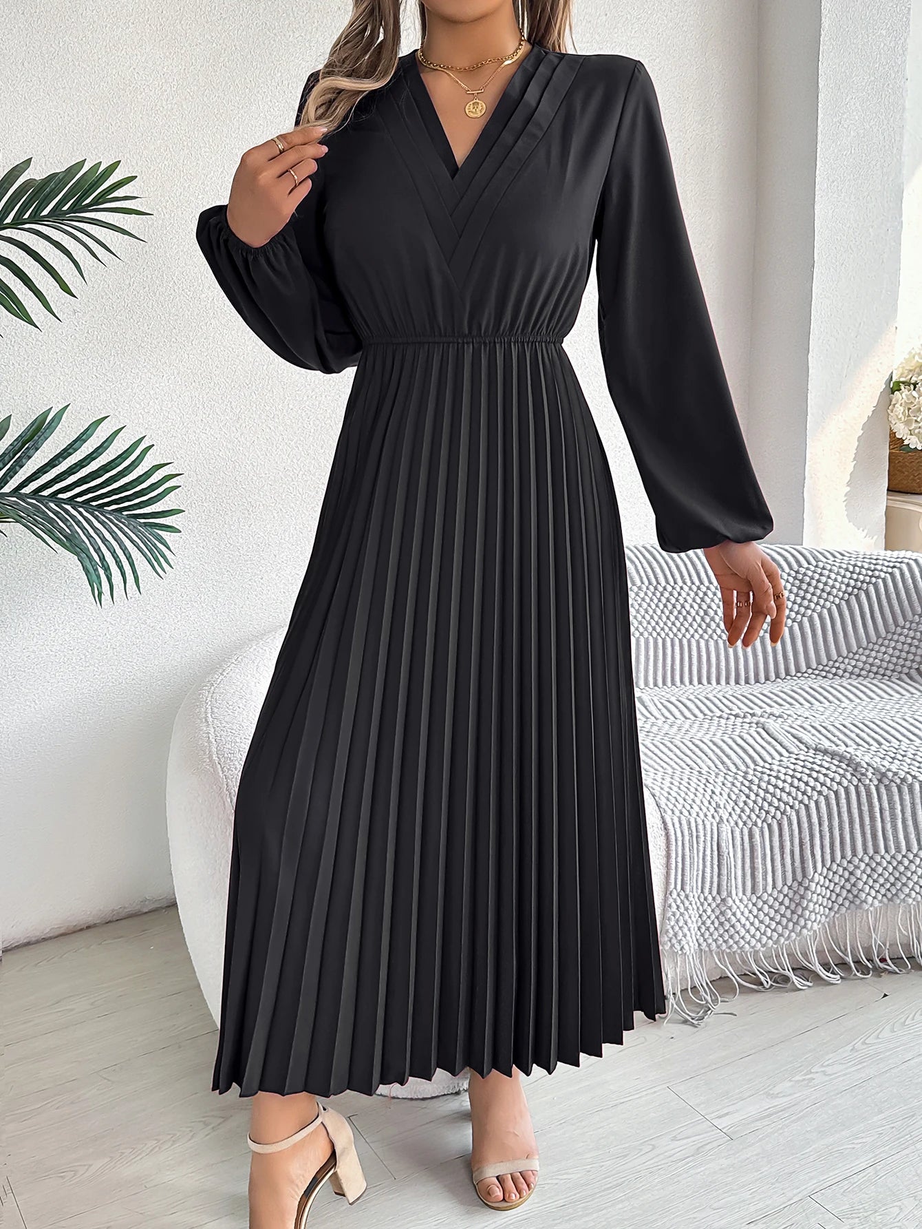 Robe Maxi Élégante pour Col V, Taille Haute, Plissée