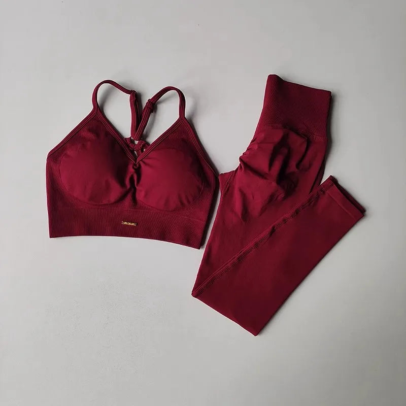 Ensemble de fitness femme seamless à col V, brassière de yoga et legging taille haute gainant