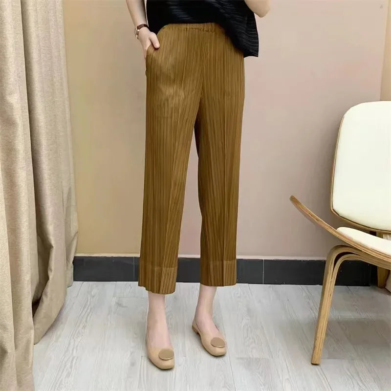 Miyake Pleated Straight Leg Pants, Women's Elastic Waist Cropped Pants, Casual and Versatile Small Leg Pants