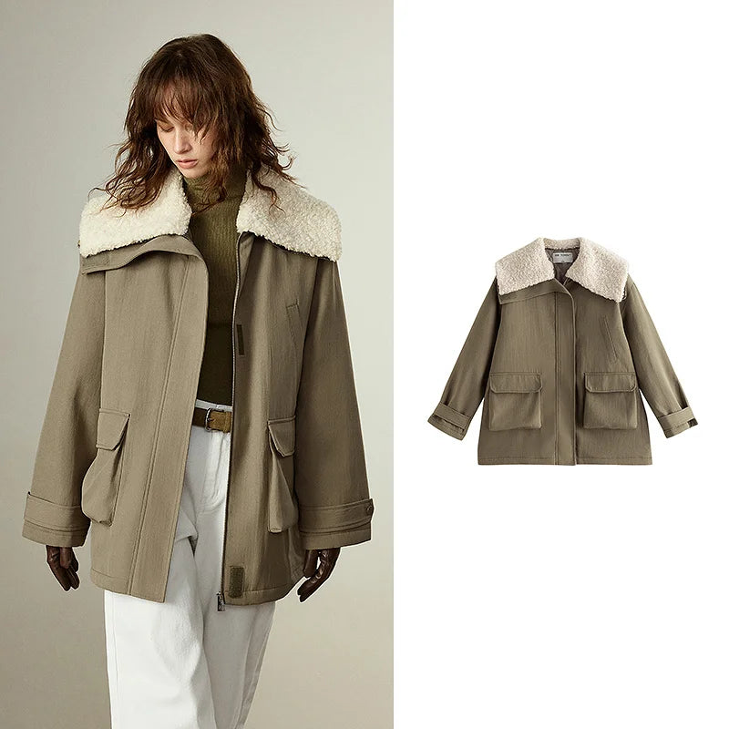 Women's Quilted Coat – Navy Blue Plush Collar, Retro Style