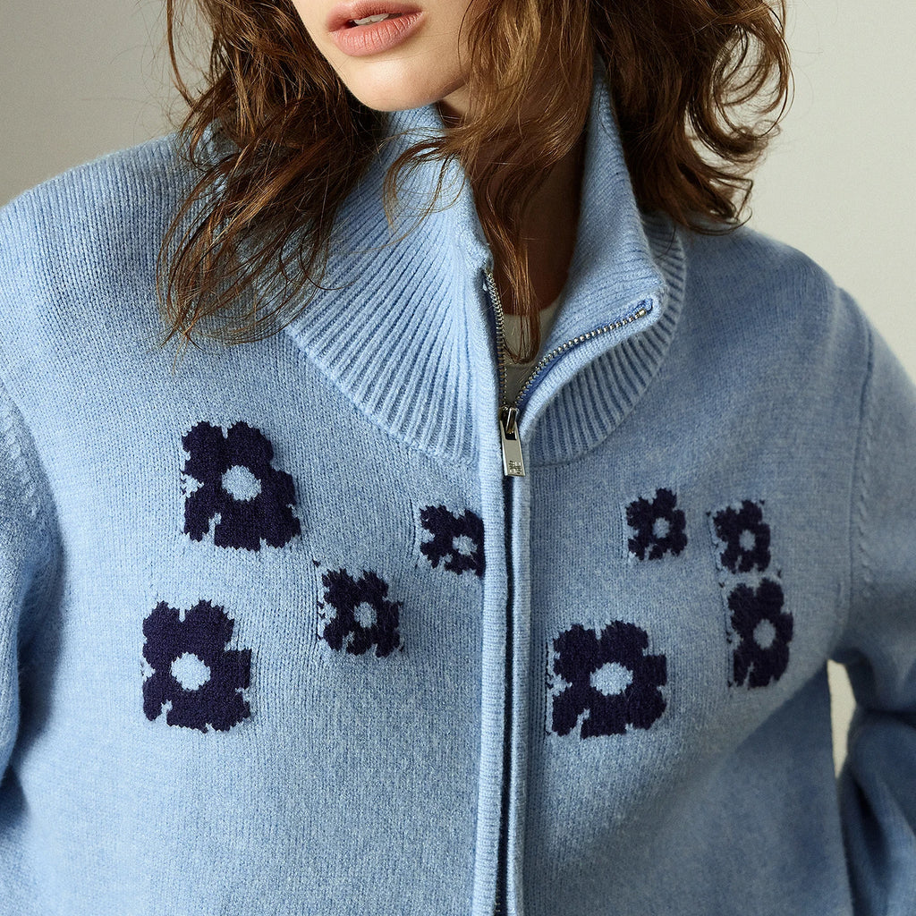 Women's Sweater – High Neck with Zip, Green Aster Pattern