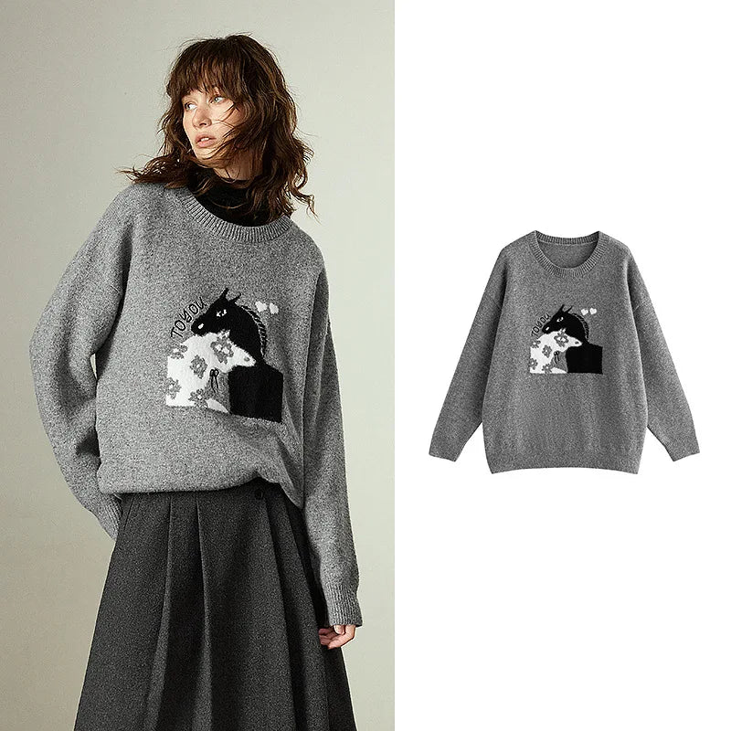 Pull Femme – Col Rond, Coupe Loose, Jacquard Cheval en Laine Mélangée