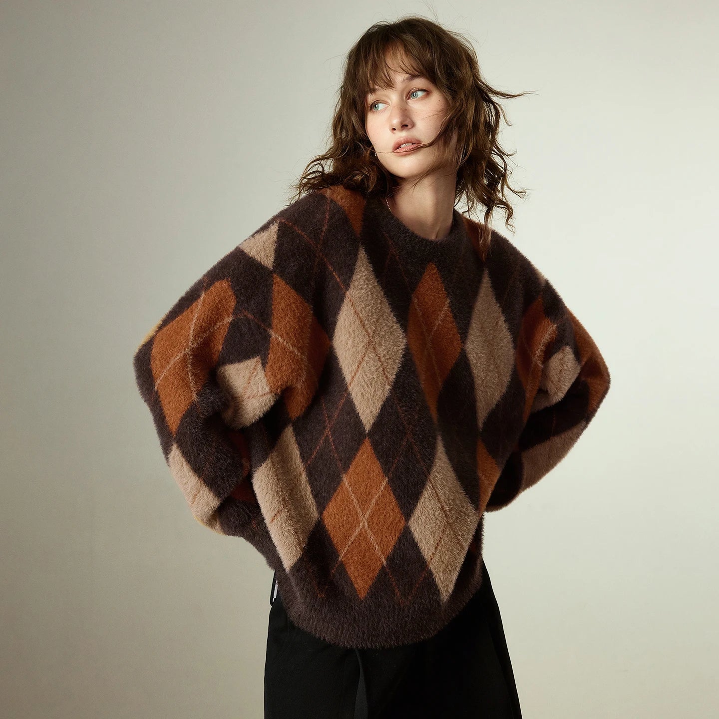 Pull Femme  – Style Nordique Argyle, Effet Mink, Col Rond